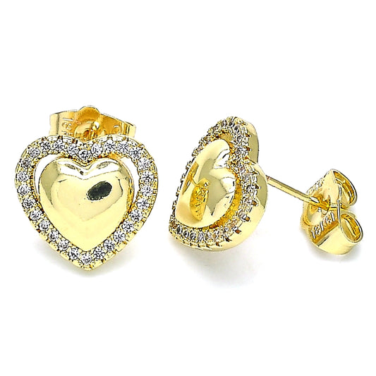 Oro Laminado Stud Earring, Gold Filled Style Heart Design, with White Micro Pave, Polished, Golden Finish
