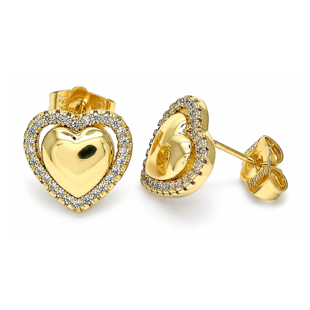Oro Laminado Stud Earring, Gold Filled Style Heart Design, with White Micro Pave, Polished, Golden Finish