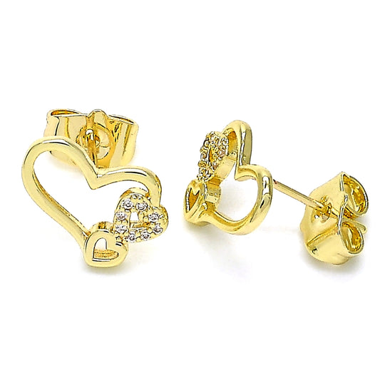 Oro Laminado Stud Earring, Gold Filled Style Heart Design, with White Micro Pave, Polished, Golden Finish