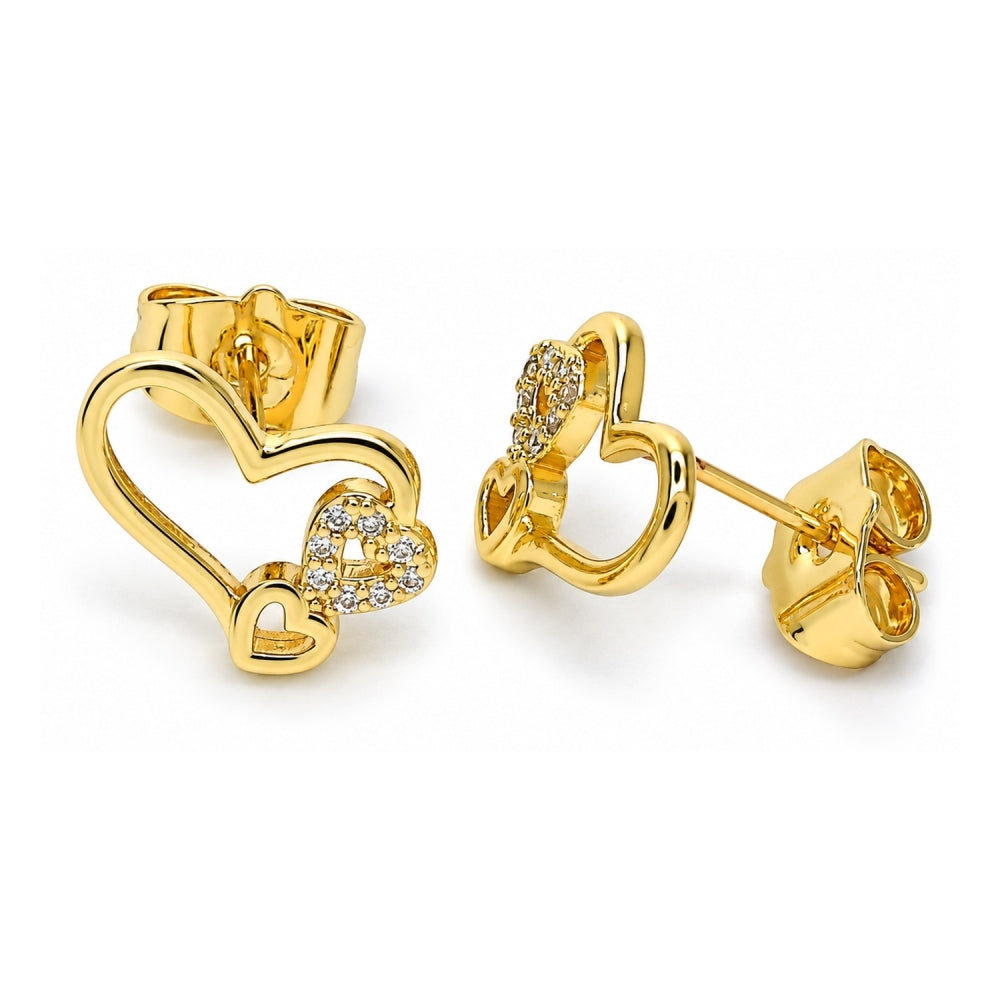 Oro Laminado Stud Earring, Gold Filled Style Heart Design, with White Micro Pave, Polished, Golden Finish