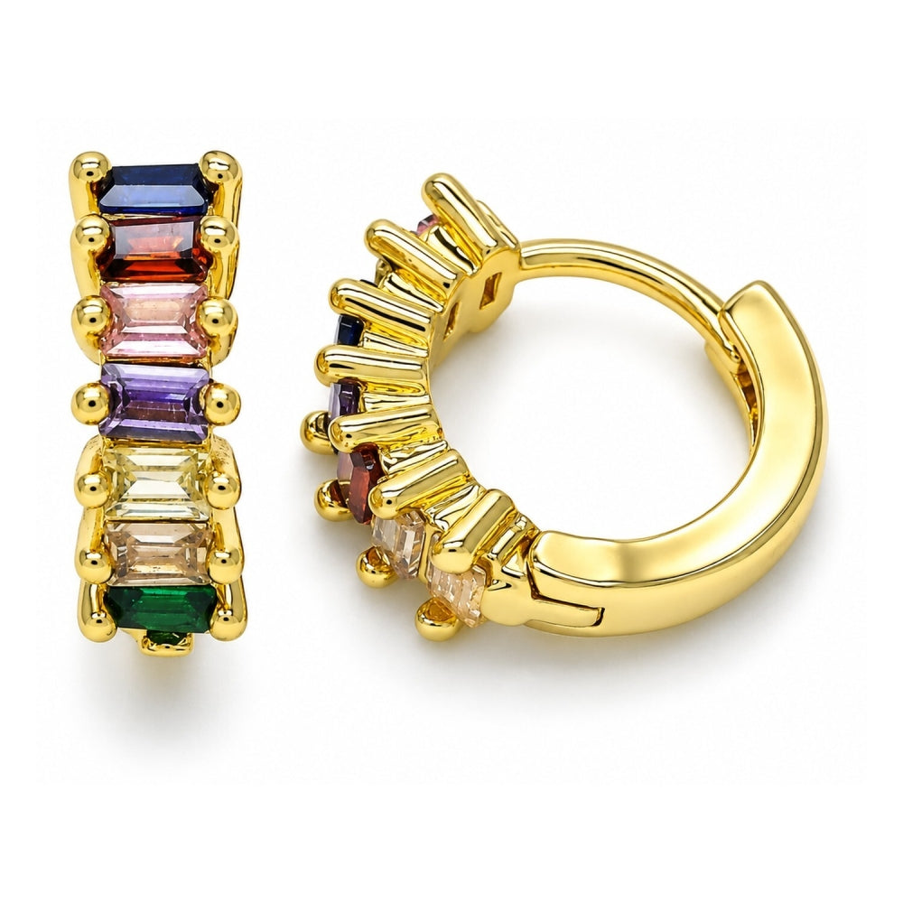 Oro Laminado Huggie Hoop, Gold Filled Style Baguette Design, with Multicolor Cubic Zirconia, Polished, Golden Finish
