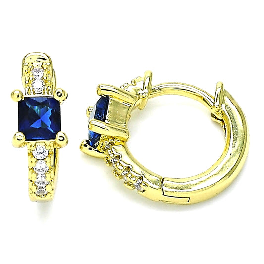 Oro Laminado Huggie Hoop, Gold Filled Style with Sapphire Blue Cubic Zirconia and White Micro Pave, Polished, Golden Finish