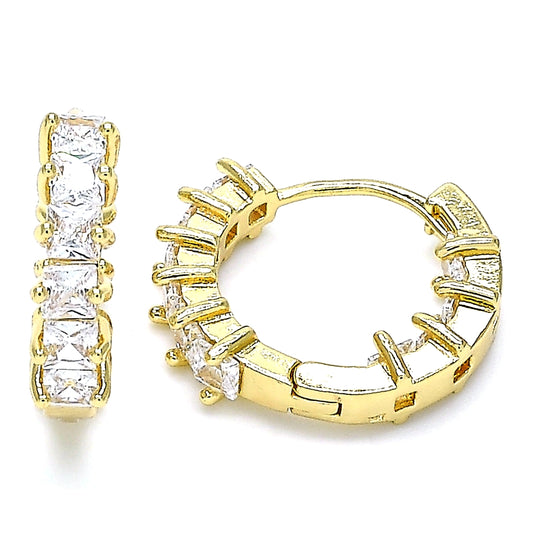 Oro Laminado Huggie Hoop, Gold Filled Style Baguette Design, with White Cubic Zirconia, Polished, Golden Finish