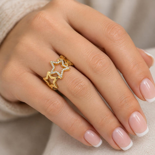 Oro Laminado Multi Stone Ring, Gold Filled Style Star Design, with White Micro Pave, Polished, Golden Finish