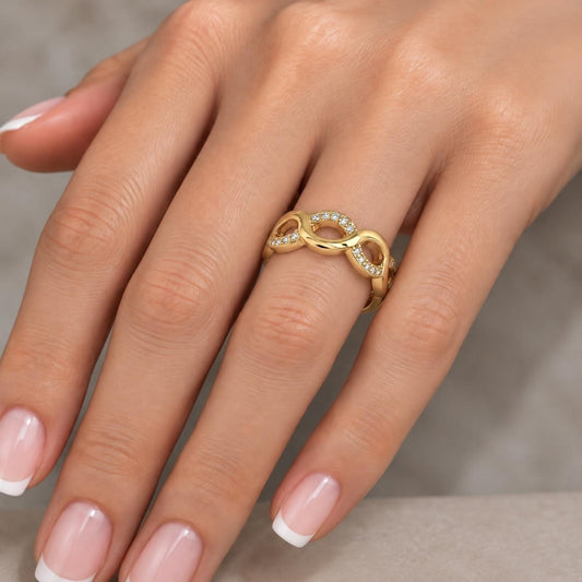 Oro Laminado Multi Stone Ring, Gold Filled Style Infinite Design, with White Micro Pave, Polished, Golden Finish
