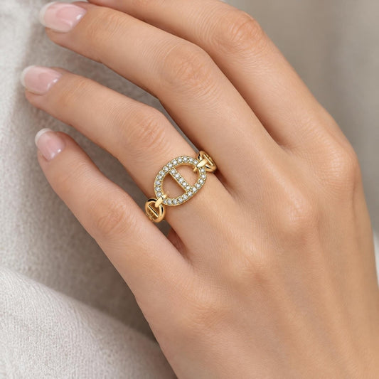 Oro Laminado Multi Stone Ring, Gold Filled Style Puff Mariner Design, with White Micro Pave, Polished, Golden Finish