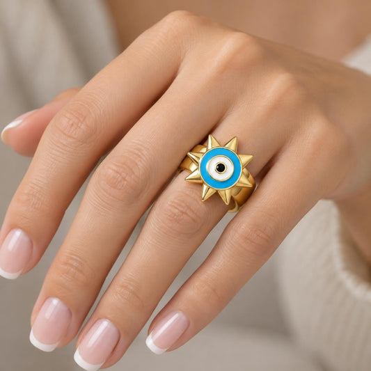 Oro Laminado Elegant Ring, Gold Filled Style Evil Eye and Sun Design, Blue Enamel Finish, Golden Finish