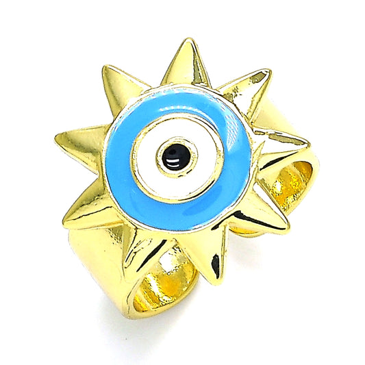 Oro Laminado Elegant Ring, Gold Filled Style Evil Eye and Sun Design, Blue Enamel Finish, Golden Finish