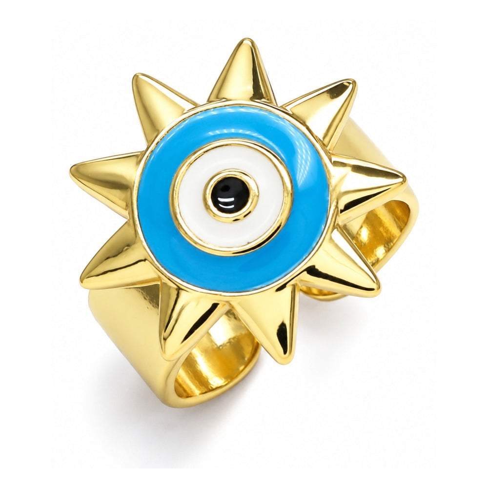 Oro Laminado Elegant Ring, Gold Filled Style Evil Eye and Sun Design, Blue Enamel Finish, Golden Finish