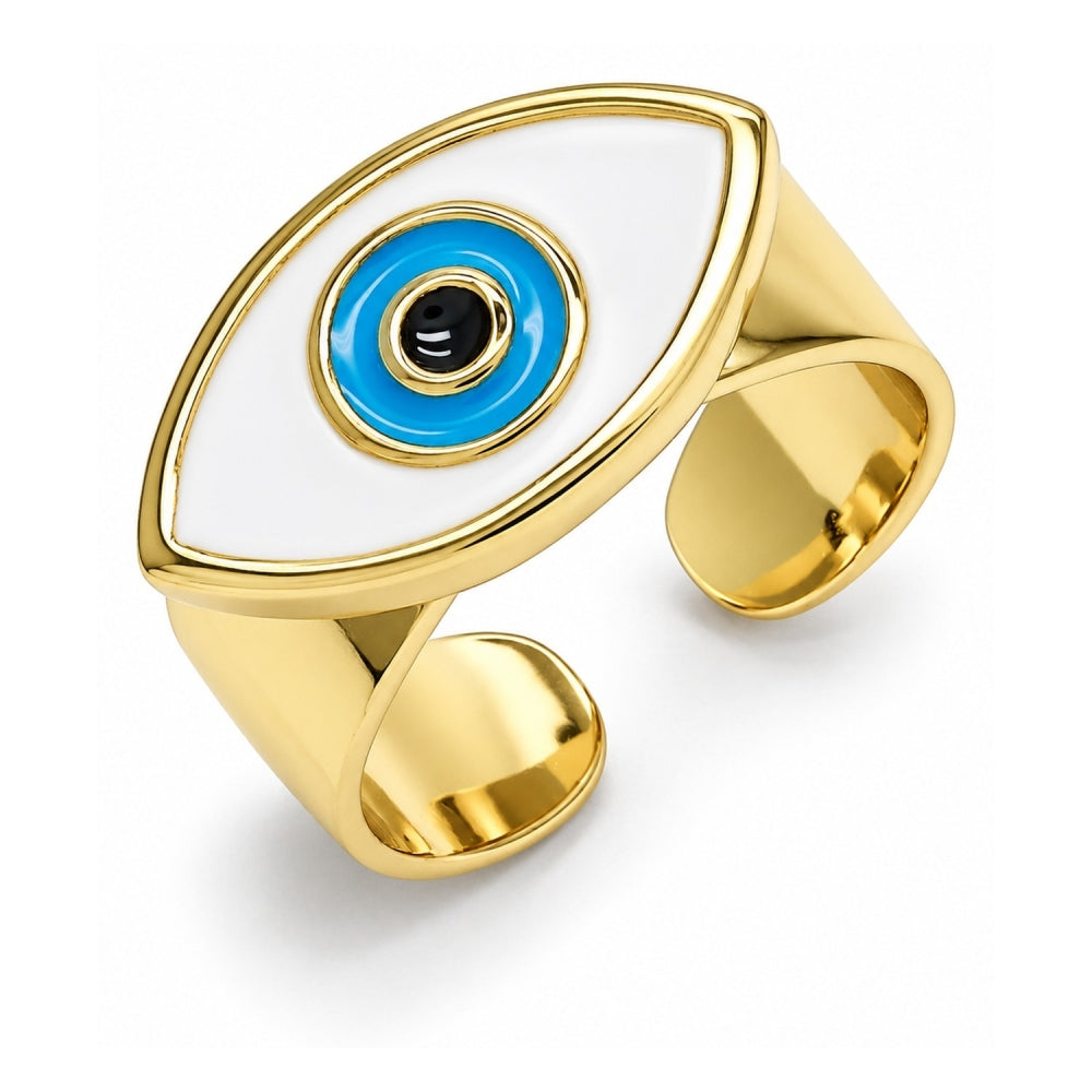 Oro Laminado Elegant Ring, Gold Filled Style Evil Eye Design, White Enamel Finish, Golden Finish