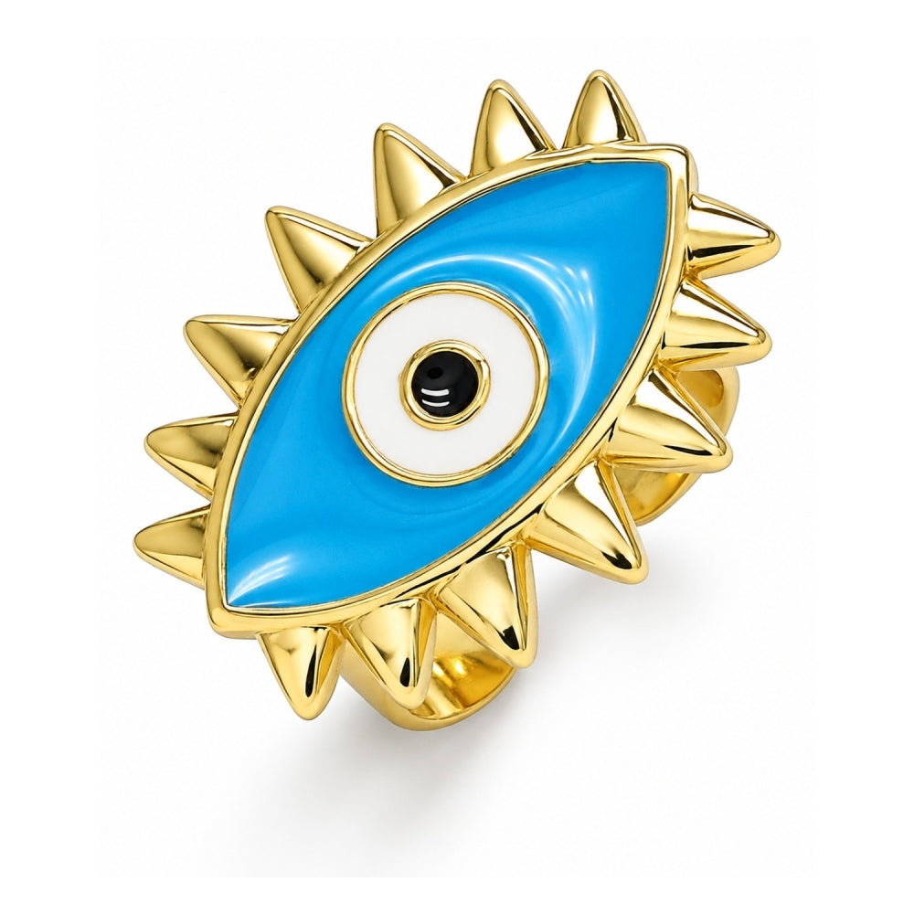 Oro Laminado Elegant Ring, Gold Filled Style Evil Eye Design, Blue Enamel Finish, Golden Finish