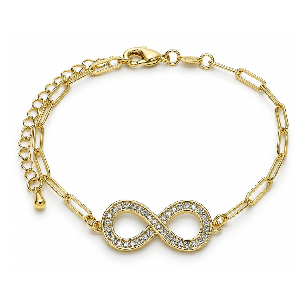 Oro Laminado Fancy Bracelet, Gold Filled Style Infinite and Paperclip Design, with White Micro Pave, Polished, Golden Finish