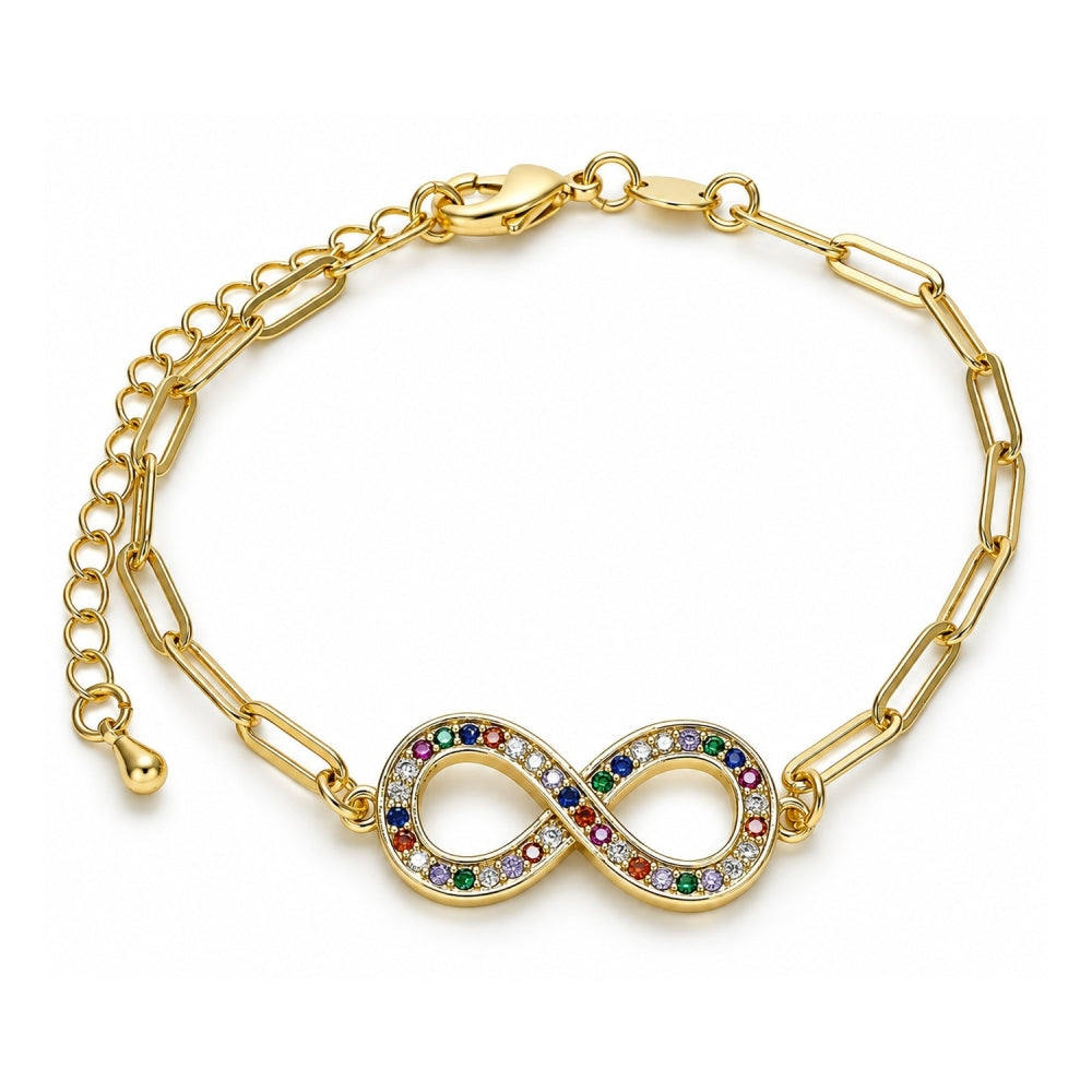 Oro Laminado Fancy Bracelet, Gold Filled Style Infinite and Paperclip Design, with Multicolor Micro Pave, Polished, Golden Finish