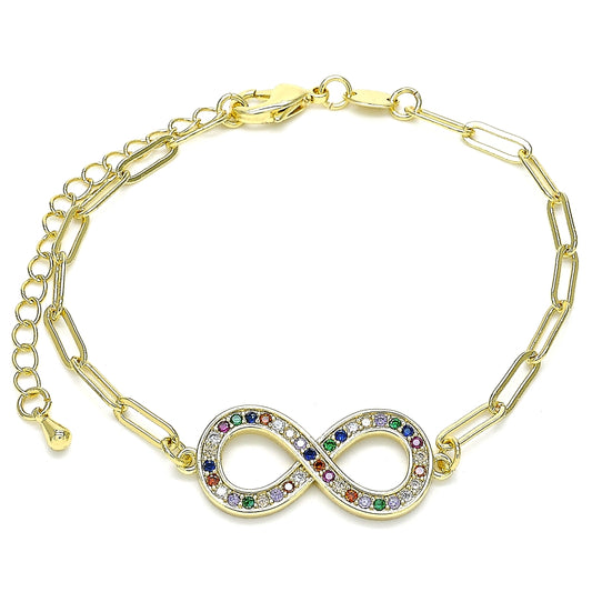 Oro Laminado Fancy Bracelet, Gold Filled Style Infinite and Paperclip Design, with Multicolor Micro Pave, Polished, Golden Finish