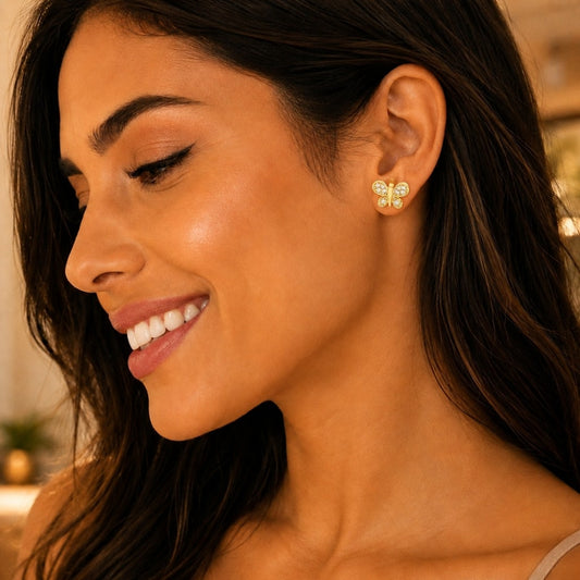 Oro Laminado Stud Earring, Gold Filled Style Butterfly Design, with White Micro Pave, Polished, Golden Finish