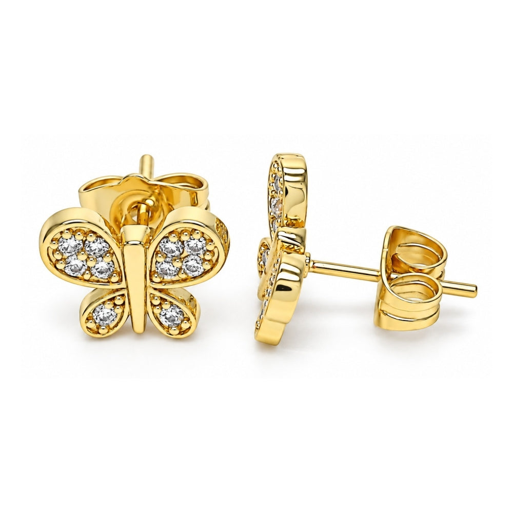 Oro Laminado Stud Earring, Gold Filled Style Butterfly Design, with White Micro Pave, Polished, Golden Finish