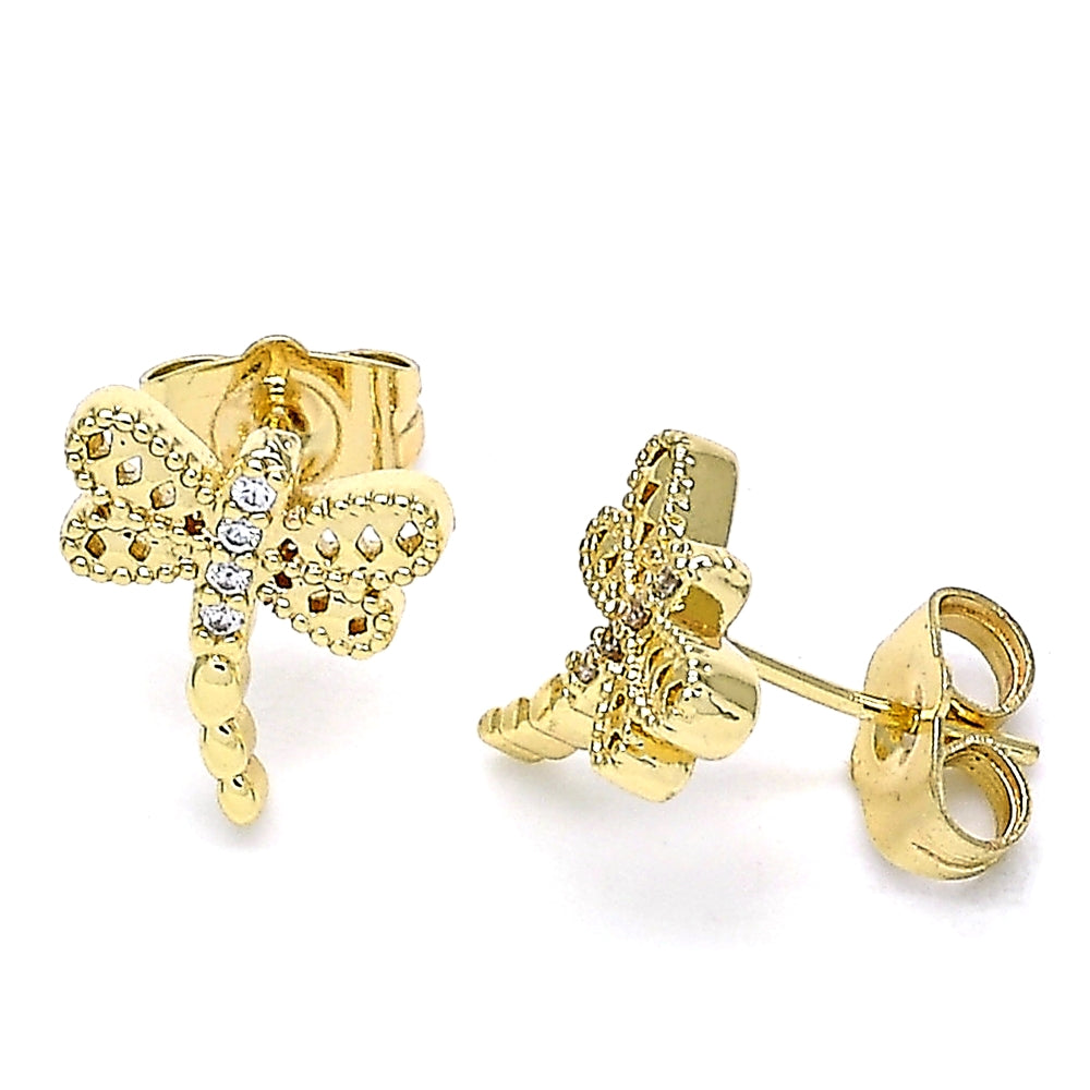 Oro Laminado Stud Earring, Gold Filled Style Dragon-Fly Design, with White Micro Pave, Polished, Golden Finish