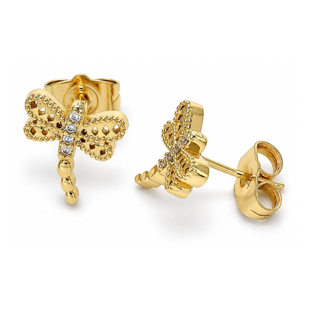 Oro Laminado Stud Earring, Gold Filled Style Dragon-Fly Design, with White Micro Pave, Polished, Golden Finish