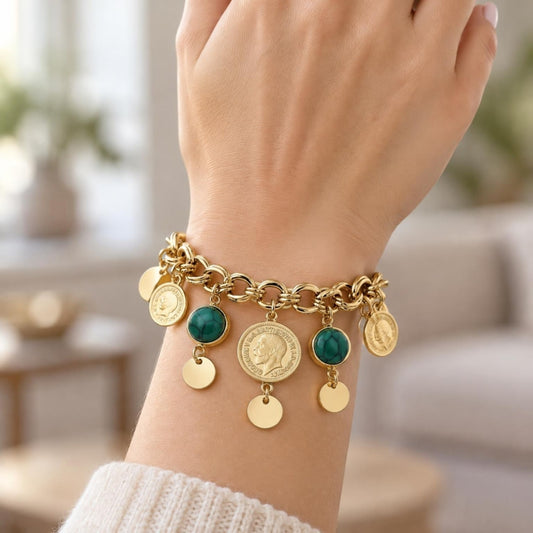 Oro Laminado Charm Bracelet, Gold Filled Style with Green Opal, Polished, Golden Finish