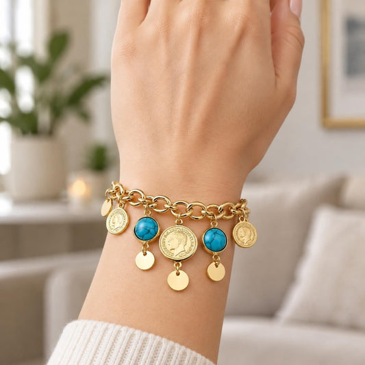 Oro Laminado Charm Bracelet, Gold Filled Style with Turquoise Opal, Polished, Golden Finish