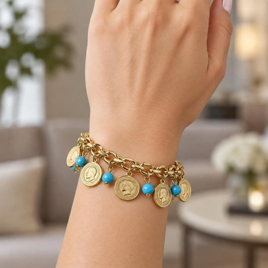 Oro Laminado Charm Bracelet, Gold Filled Style with Turquoise Crystal, Polished, Golden Finish