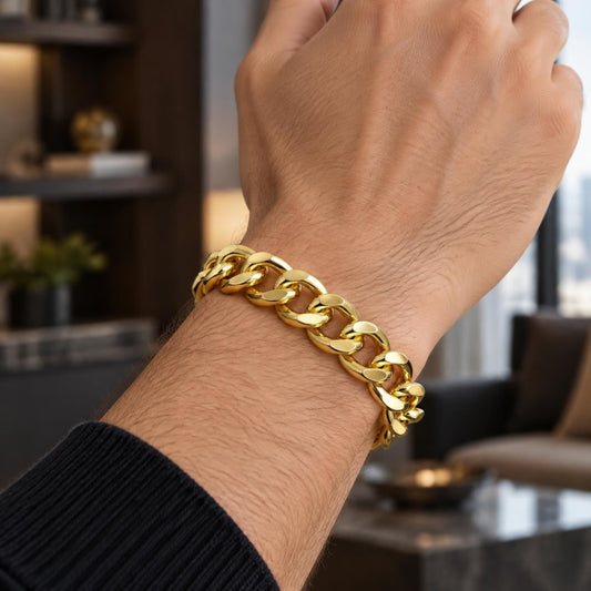 Oro Laminado Basic Bracelet, Gold Filled Style Miami Cuban Design, Polished, Golden Finish
