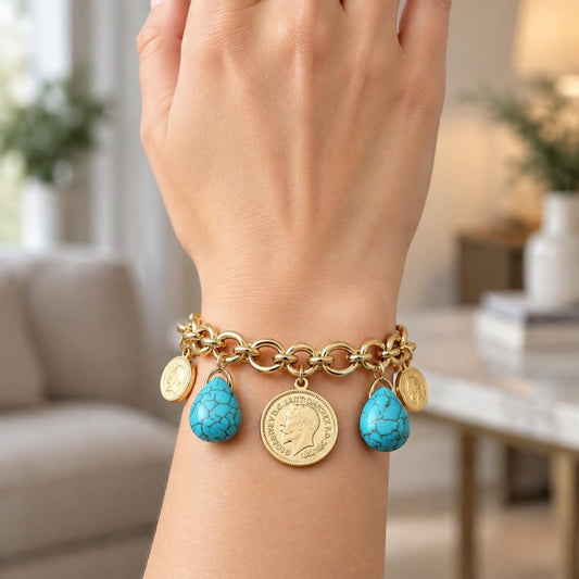 Oro Laminado Charm Bracelet, Gold Filled Style Teardrop Design, with Turquoise Opal, Polished, Golden Finish