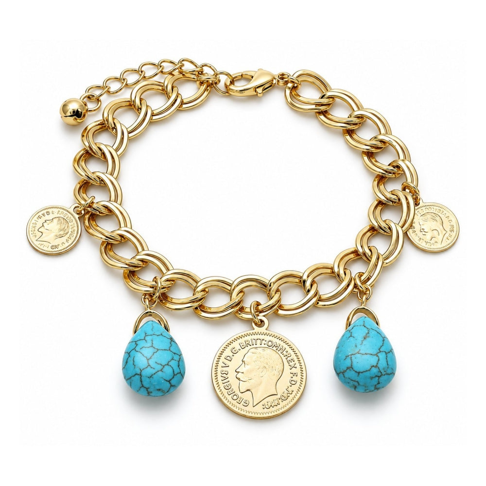 Oro Laminado Charm Bracelet, Gold Filled Style Teardrop Design, with Turquoise Opal, Polished, Golden Finish