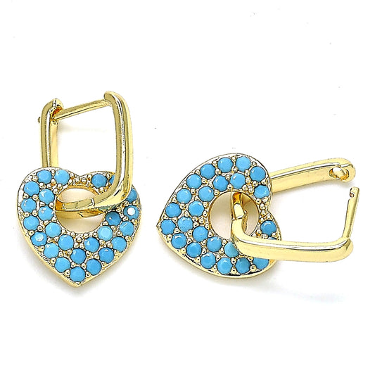 Oro Laminado Huggie Hoop, Gold Filled Style Heart and Paperclip Design, with Turquoise Cubic Zirconia, Polished, Golden Finish