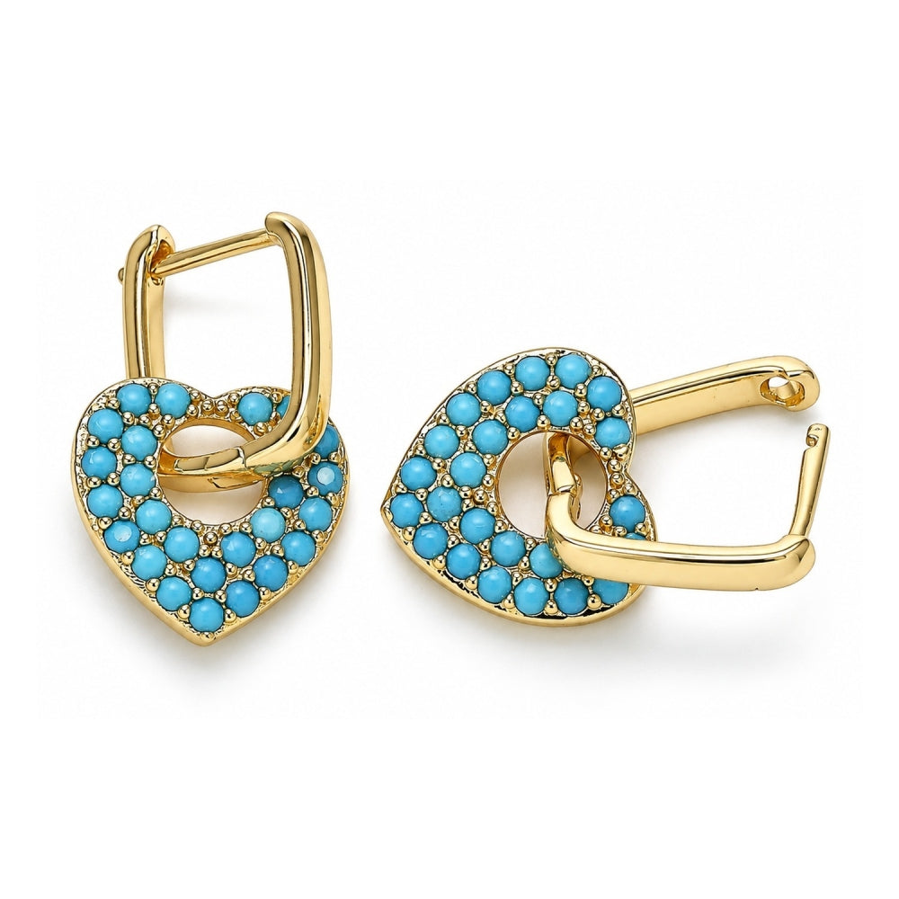 Oro Laminado Huggie Hoop, Gold Filled Style Heart and Paperclip Design, with Turquoise Cubic Zirconia, Polished, Golden Finish