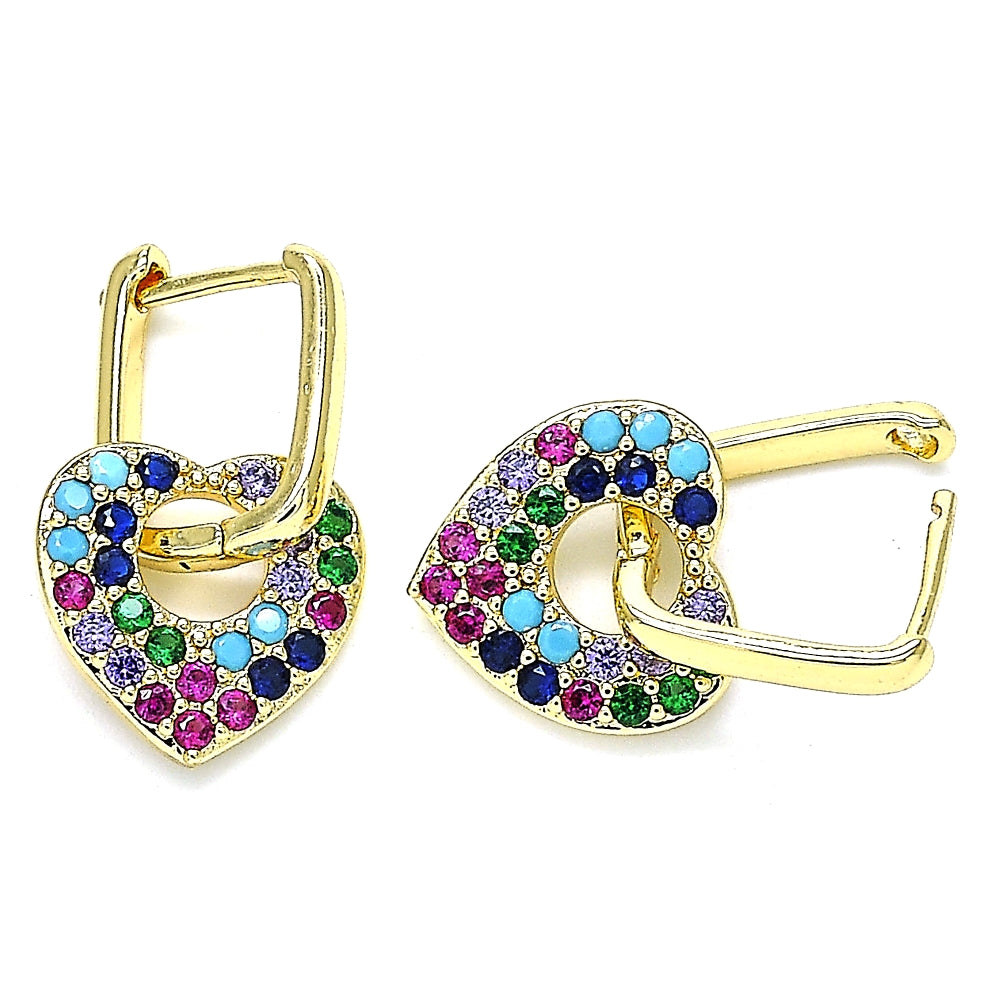Oro Laminado Huggie Hoop, Gold Filled Style Heart and Paperclip Design, with Multicolor Cubic Zirconia, Polished, Golden Finish