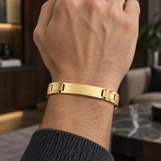 Stainless Steel Solid Bracelet, Greek Key Design, Polished, Golden Finish