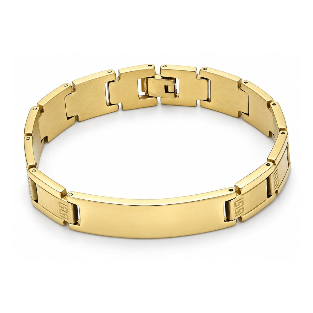 Stainless Steel Solid Bracelet, Greek Key Design, Polished, Golden Finish