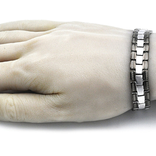 Stainless Steel Solid Bracelet, Greek Key Design, Polished, Two Tone