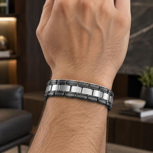 Stainless Steel Solid Bracelet, Greek Key Design, Polished, Two Tone