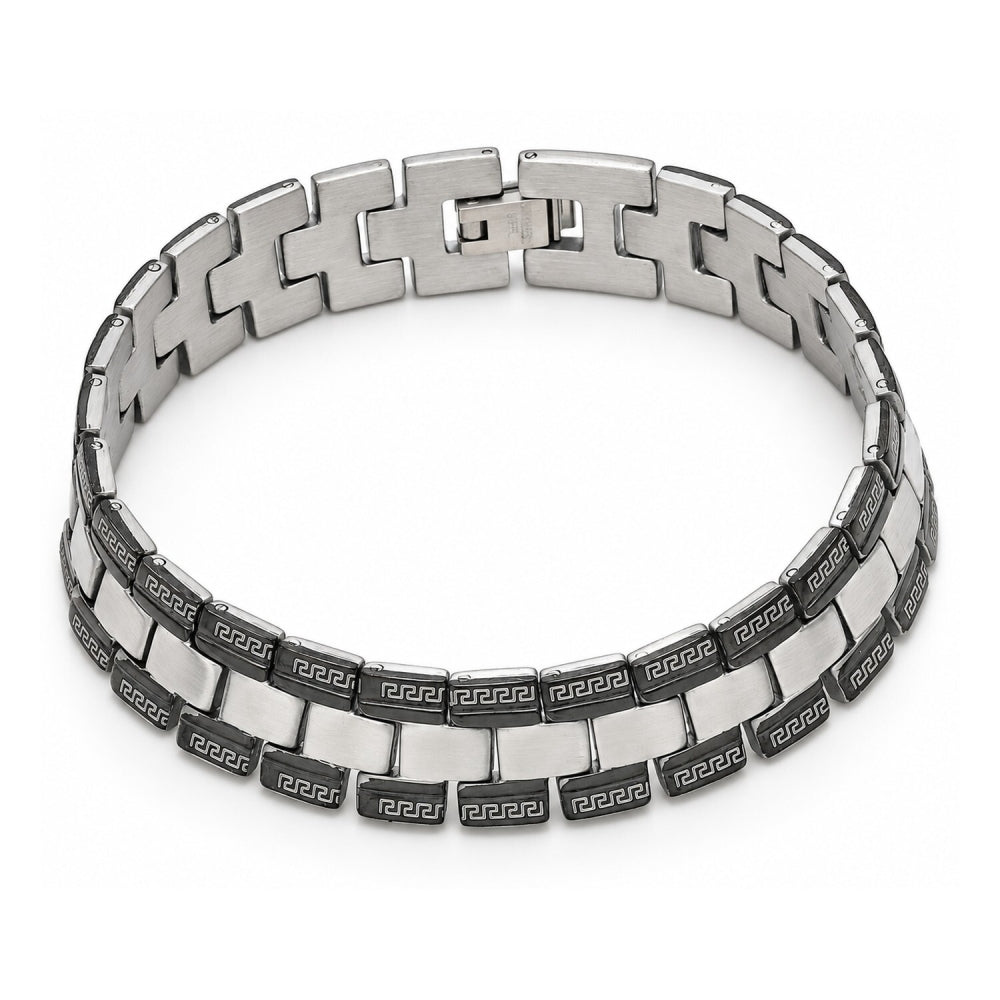 Stainless Steel Solid Bracelet, Greek Key Design, Polished, Two Tone