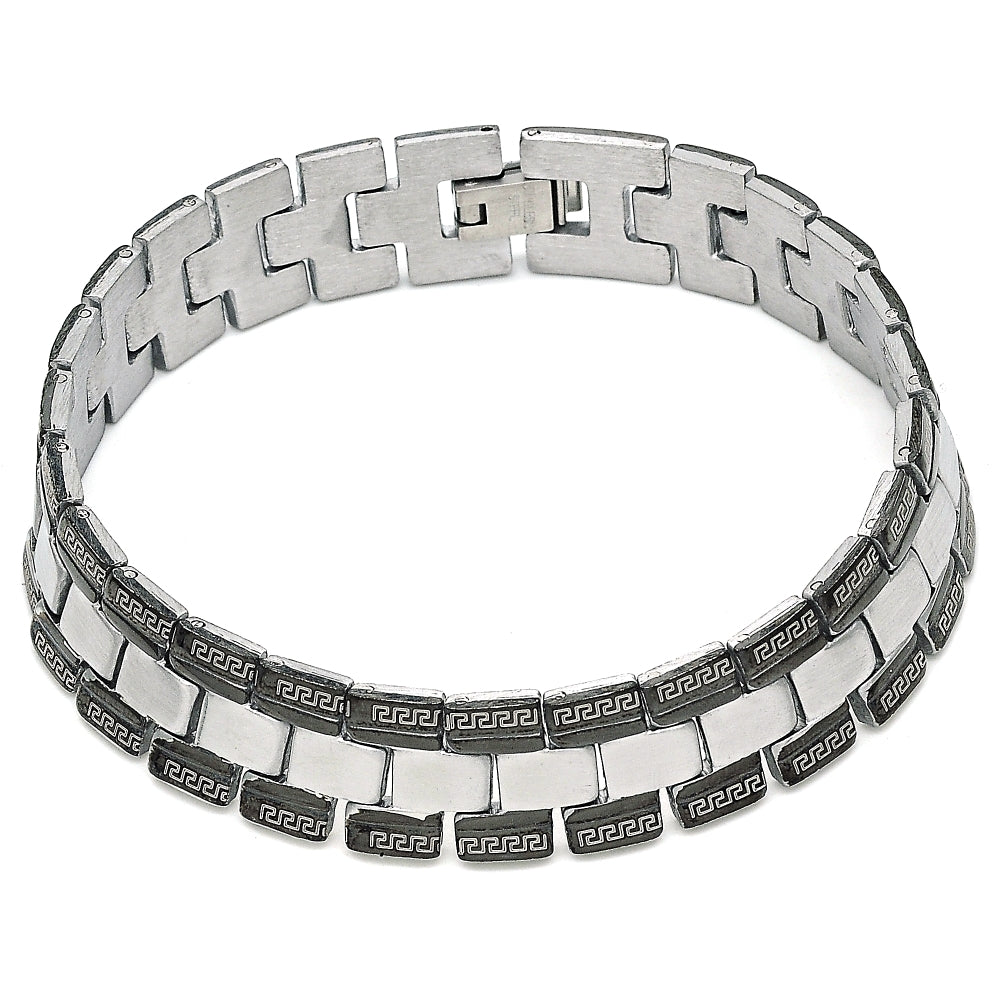 Stainless Steel Solid Bracelet, Greek Key Design, Polished, Two Tone