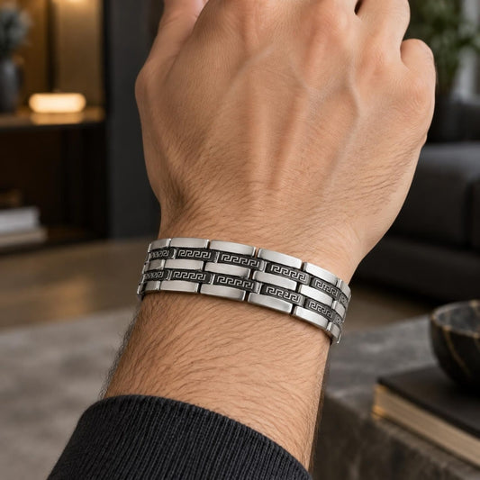 Stainless Steel Solid Bracelet, Greek Key Design, Polished, Two Tone