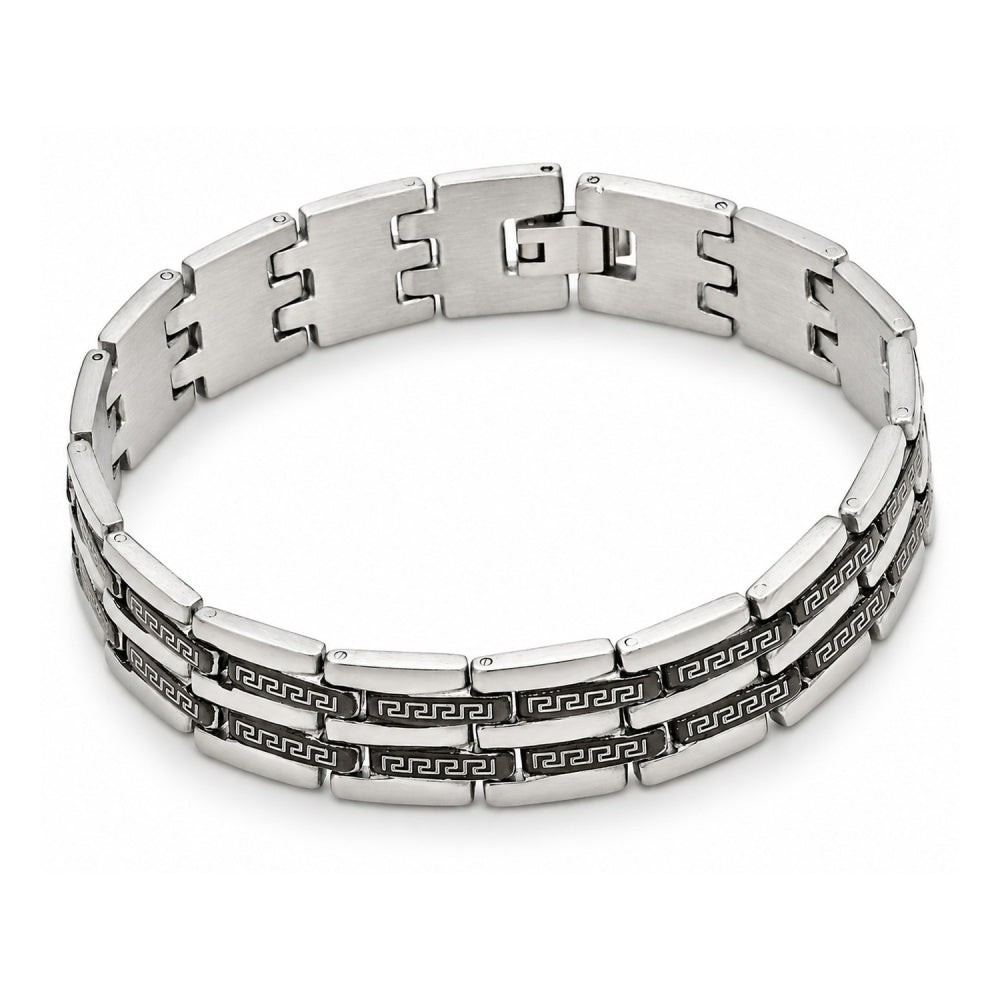 Stainless Steel Solid Bracelet, Greek Key Design, Polished, Two Tone