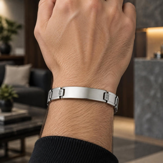 Stainless Steel Solid Bracelet, Greek Key Design, Polished, Steel Finish