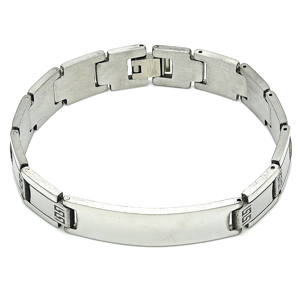 Stainless Steel Solid Bracelet, Greek Key Design, Polished, Steel Finish