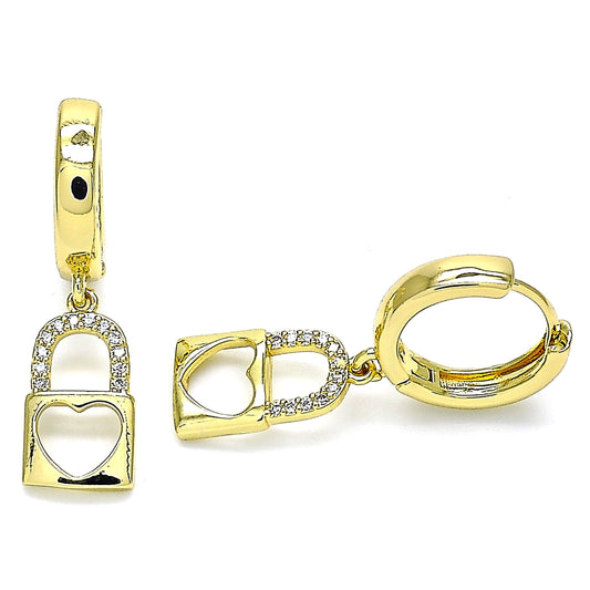 Oro Laminado Huggie Hoop, Gold Filled Style Lock and Heart Design, with White Micro Pave, Polished, Golden Finish