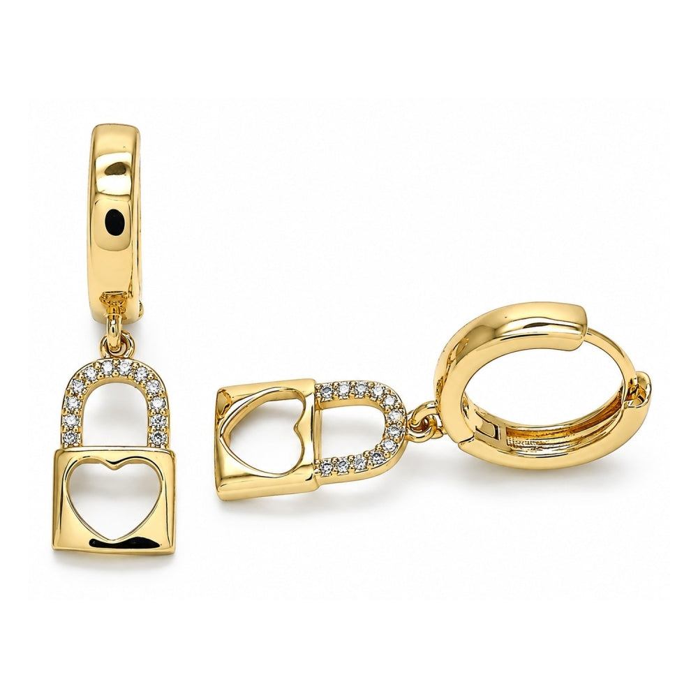 Oro Laminado Huggie Hoop, Gold Filled Style Lock and Heart Design, with White Micro Pave, Polished, Golden Finish