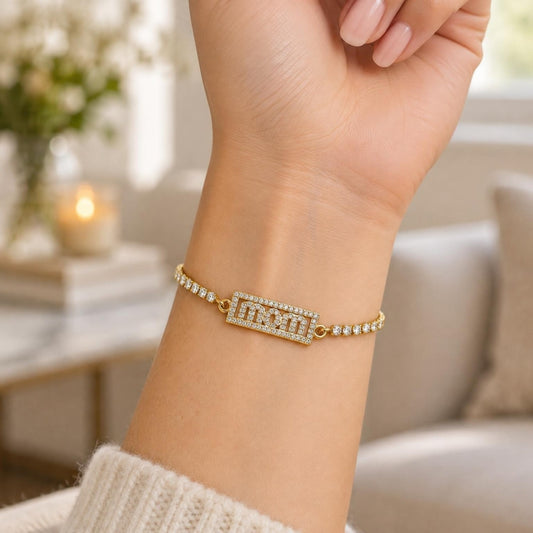 Oro Laminado Adjustable Bolo Bracelet, Gold Filled Style Mom Design, with White Micro Pave, Polished, Golden Finish