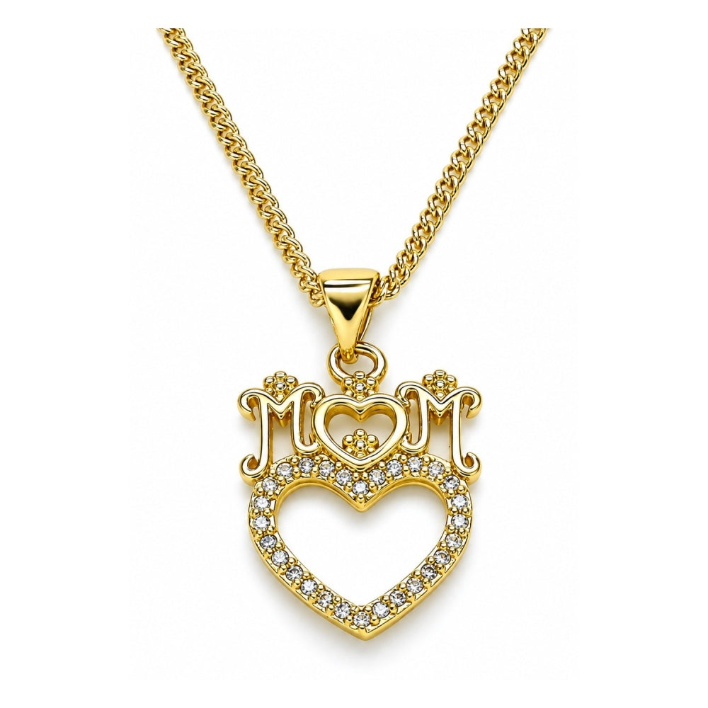Oro Laminado Pendant Necklace, Gold Filled Style Heart and Mom Design, with White Micro Pave, Polished, Golden Finish
