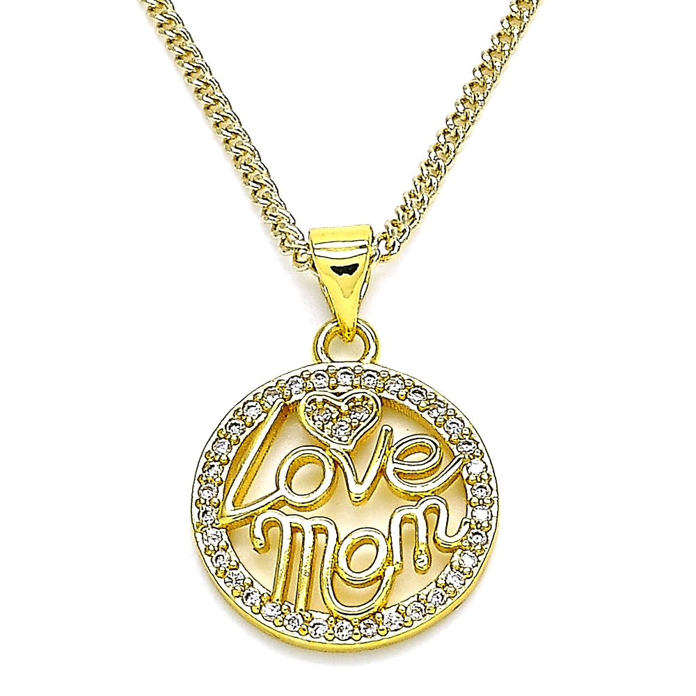 Oro Laminado Pendant Necklace, Gold Filled Style Love and Mom Design, with White Micro Pave, Polished, Golden Finish