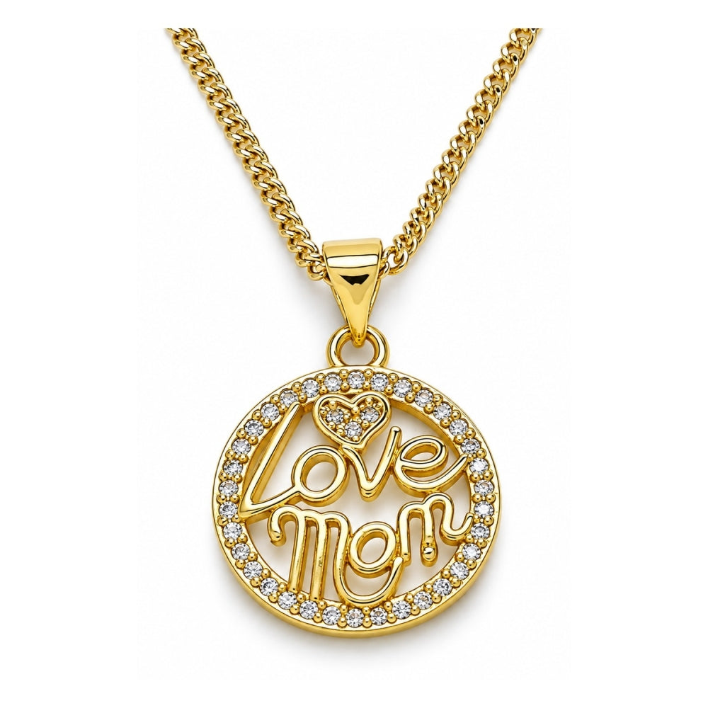 Oro Laminado Pendant Necklace, Gold Filled Style Love and Mom Design, with White Micro Pave, Polished, Golden Finish
