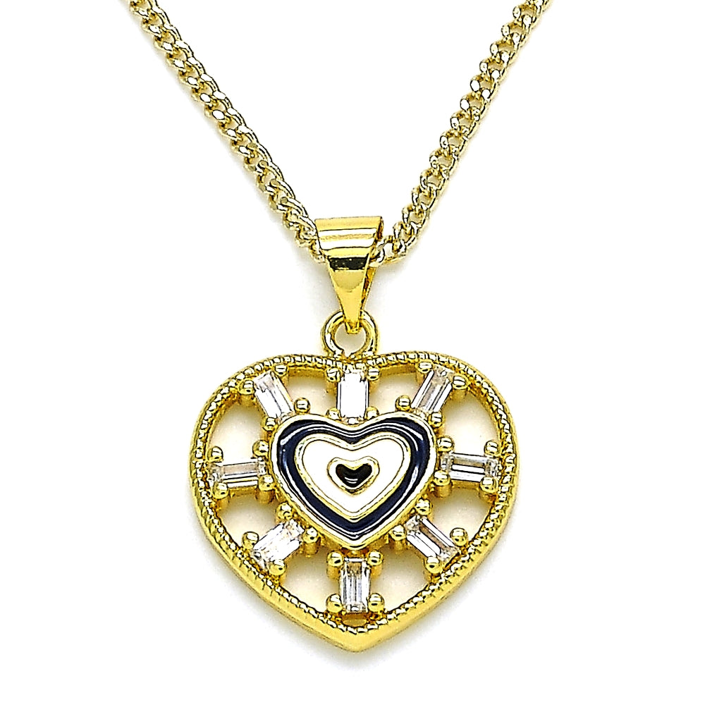 Oro Laminado Pendant Necklace, Gold Filled Style Heart and Baguette Design, with White Cubic Zirconia, Black Enamel Finish, Golden Finish