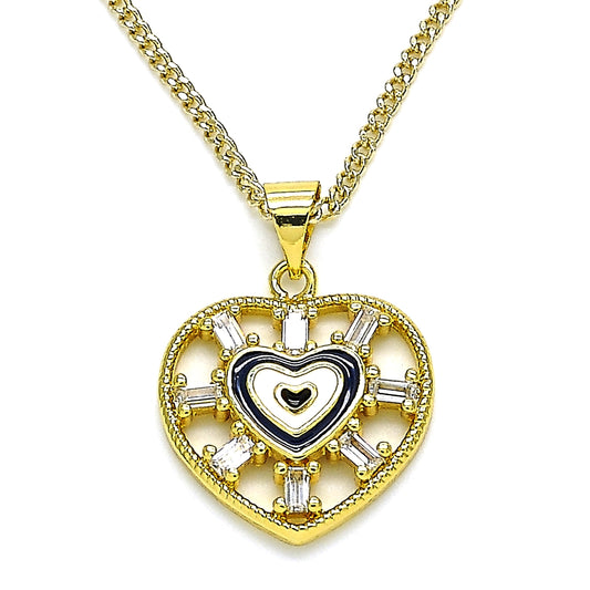 Oro Laminado Pendant Necklace, Gold Filled Style Heart and Baguette Design, with White Cubic Zirconia, Black Enamel Finish, Golden Finish