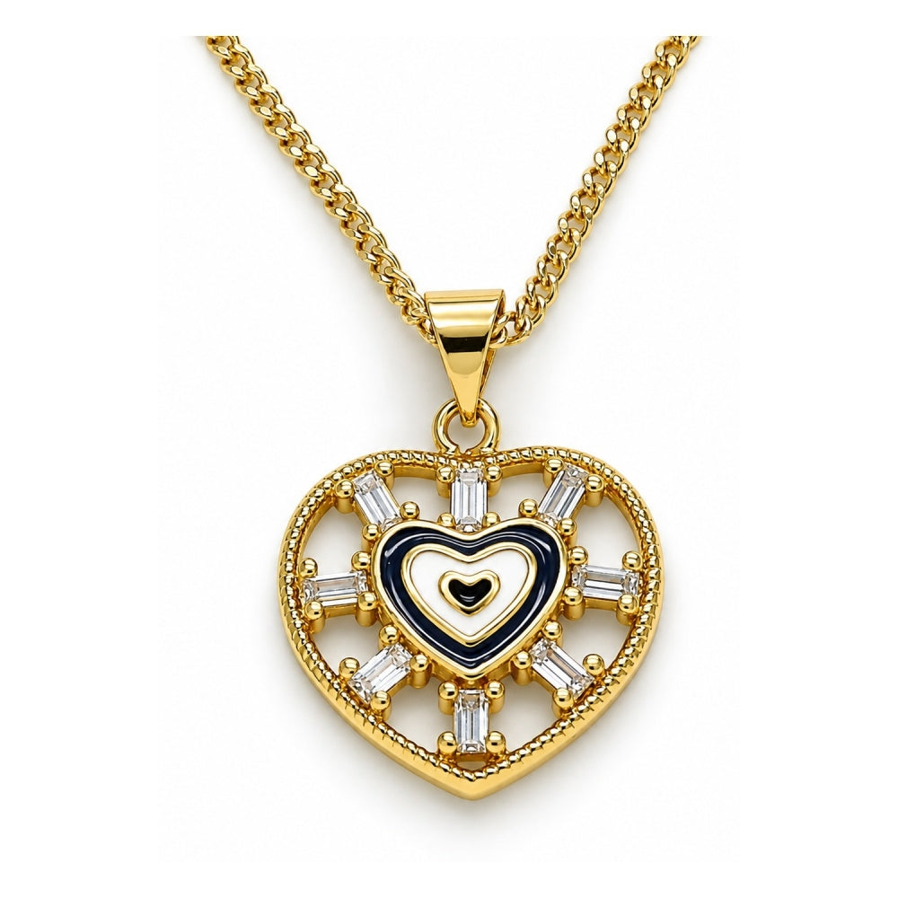 Oro Laminado Pendant Necklace, Gold Filled Style Heart and Baguette Design, with White Cubic Zirconia, Black Enamel Finish, Golden Finish